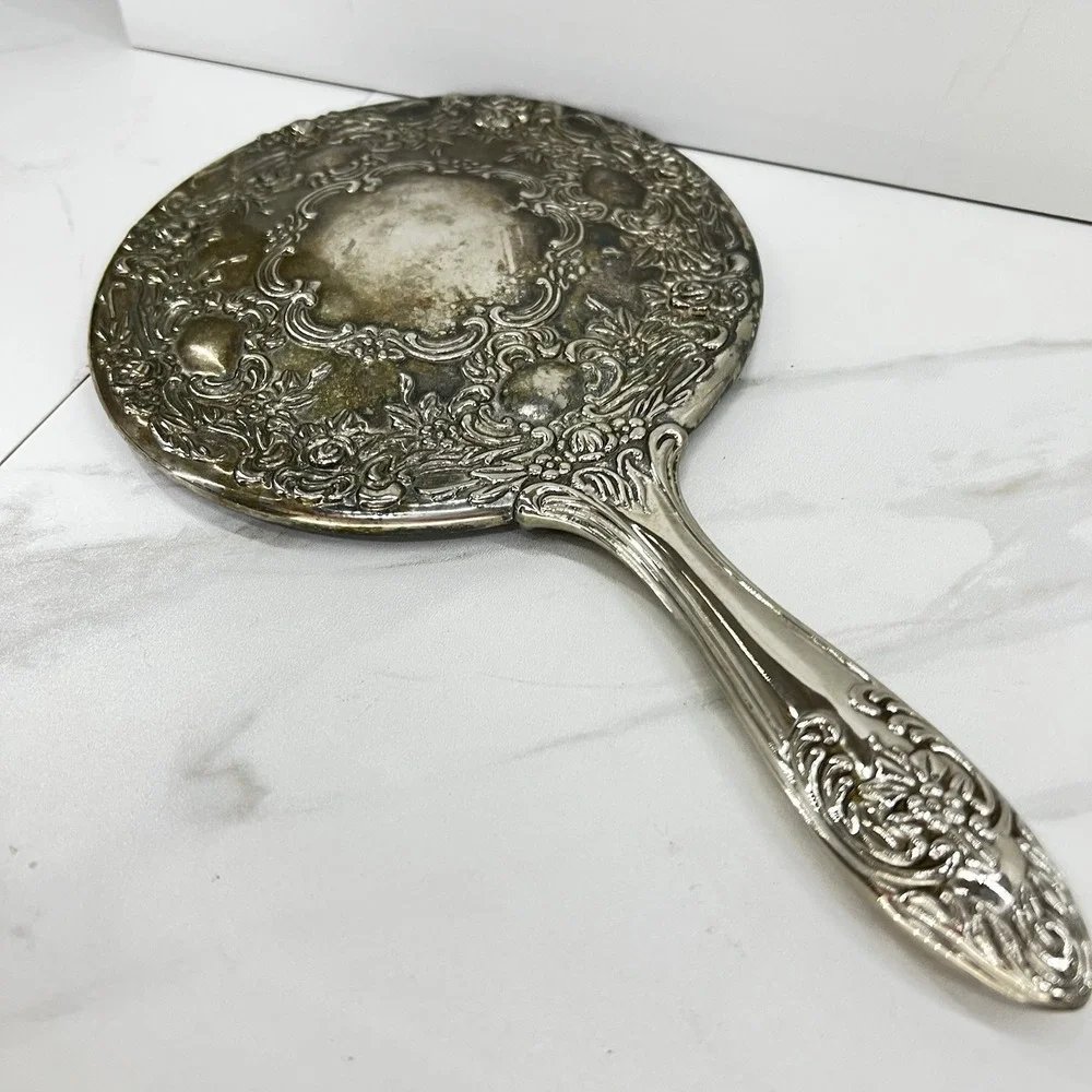 Vtg Repousse Heavy Silver Plate Vanity Hand Mirror Victorian Ornate Floral 9.5